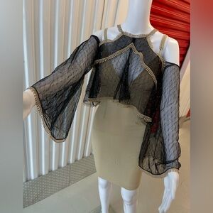 Thurley Black Sheer Blouse with Gold Accents & Nude mini dress